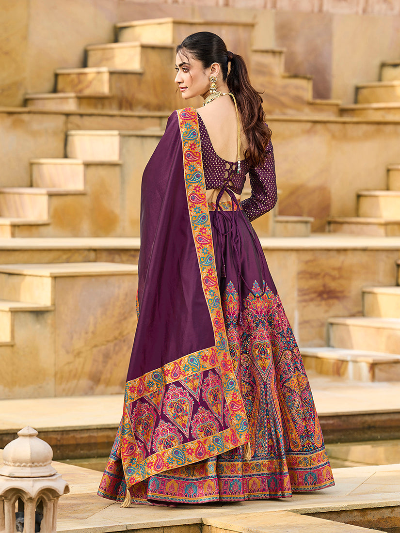 Monjolika Fashion Wine Color Jacquard Designer Work Lehenga Choli For Ceremonial | Grocsy
