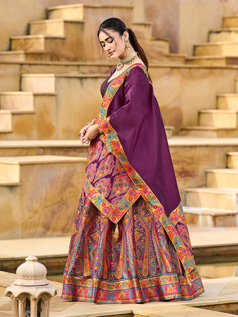 Monjolika Fashion Wine Color Jacquard Designer Work Lehenga Choli For Ceremonial | Grocsy