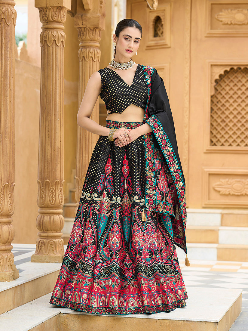 Monjolika Fashion Charming Black Color Jacquard Lehenga Choli With Dupatta | Grocsy