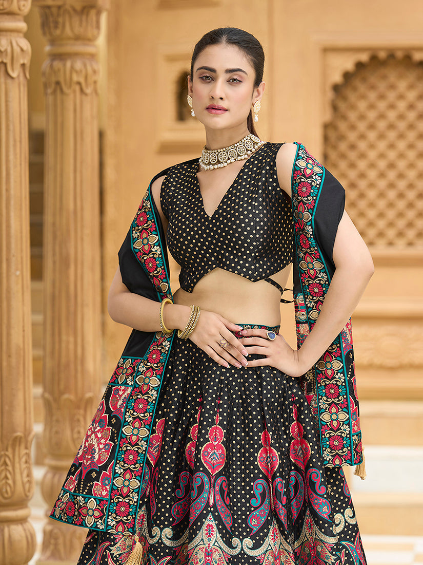 Monjolika Fashion Charming Black Color Jacquard Lehenga Choli With Dupatta | Grocsy