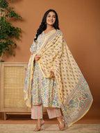 Yufta cotton yellow kurta dupatta set | Grocsy