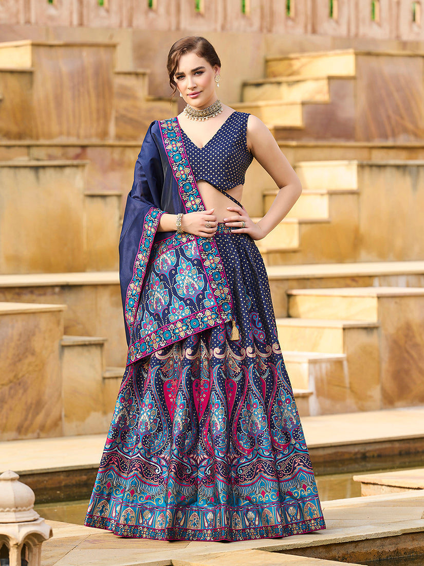 Monjolika Fashion Charming Navy Blue Color Jacquard Lehenga Choli With Dupatta | Grocsy