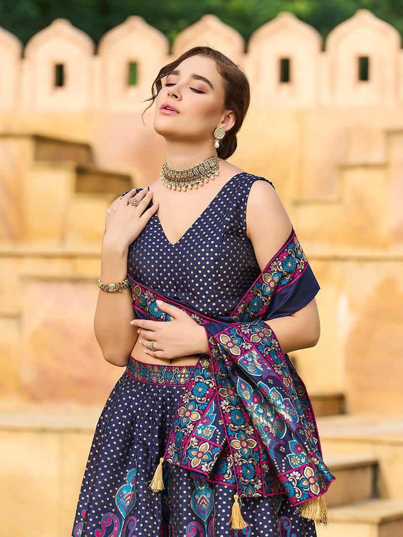 Monjolika Fashion Charming Navy Blue Color Jacquard Lehenga Choli With Dupatta | Grocsy