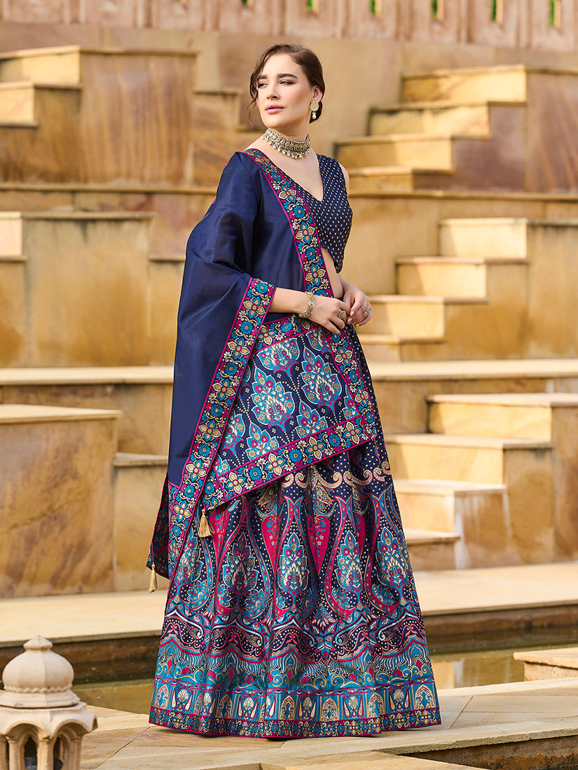 Monjolika Fashion Charming Navy Blue Color Jacquard Lehenga Choli With Dupatta | Grocsy