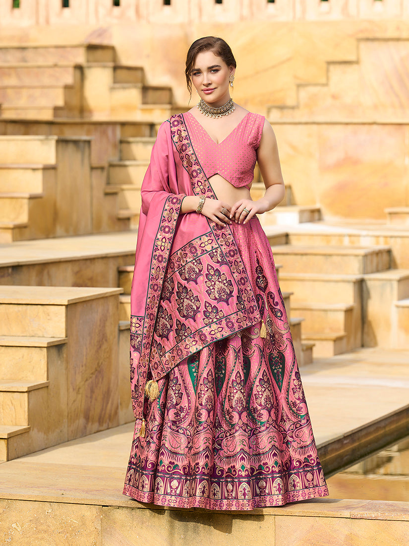 Monjolika Fashion Charming Pink Color Jacquard Lehenga Choli With Dupatta | Grocsy