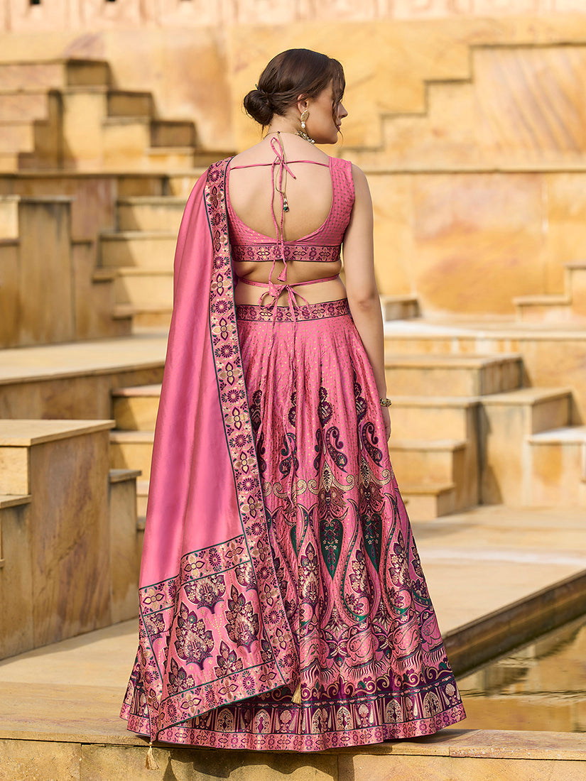 Monjolika Fashion Charming Pink Color Jacquard Lehenga Choli With Dupatta | Grocsy