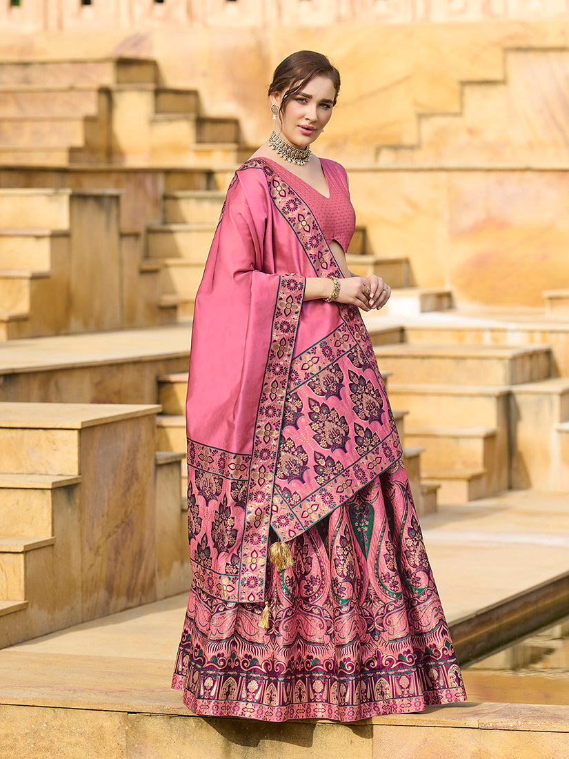 Monjolika Fashion Charming Pink Color Jacquard Lehenga Choli With Dupatta | Grocsy