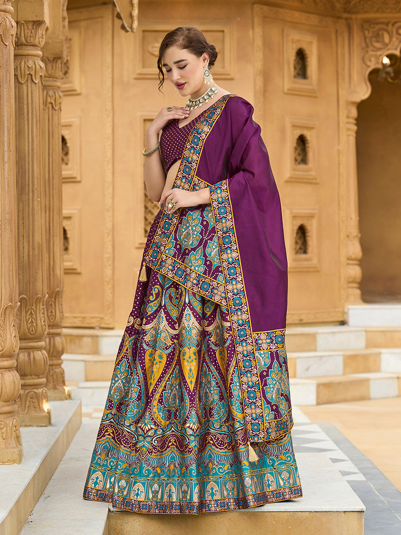 Monjolika Fashion Charming Wine Color Jacquard Lehenga Choli With Dupatta | Grocsy
