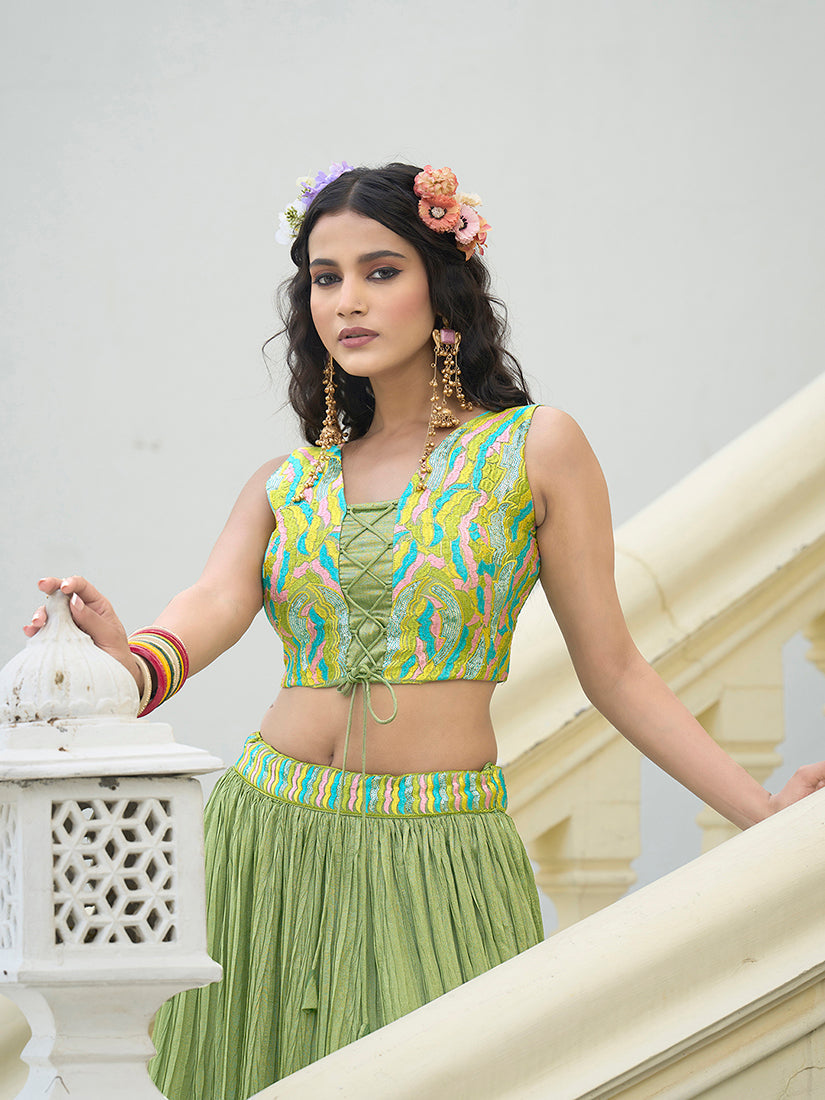 Monjolika Fashion Designer Lehenga Choli Crush Silk In Light Green | Grocsy
