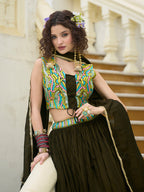 Monjolika Fashion Designer Lehenga Choli Crush Silk In Olive Green | Grocsy