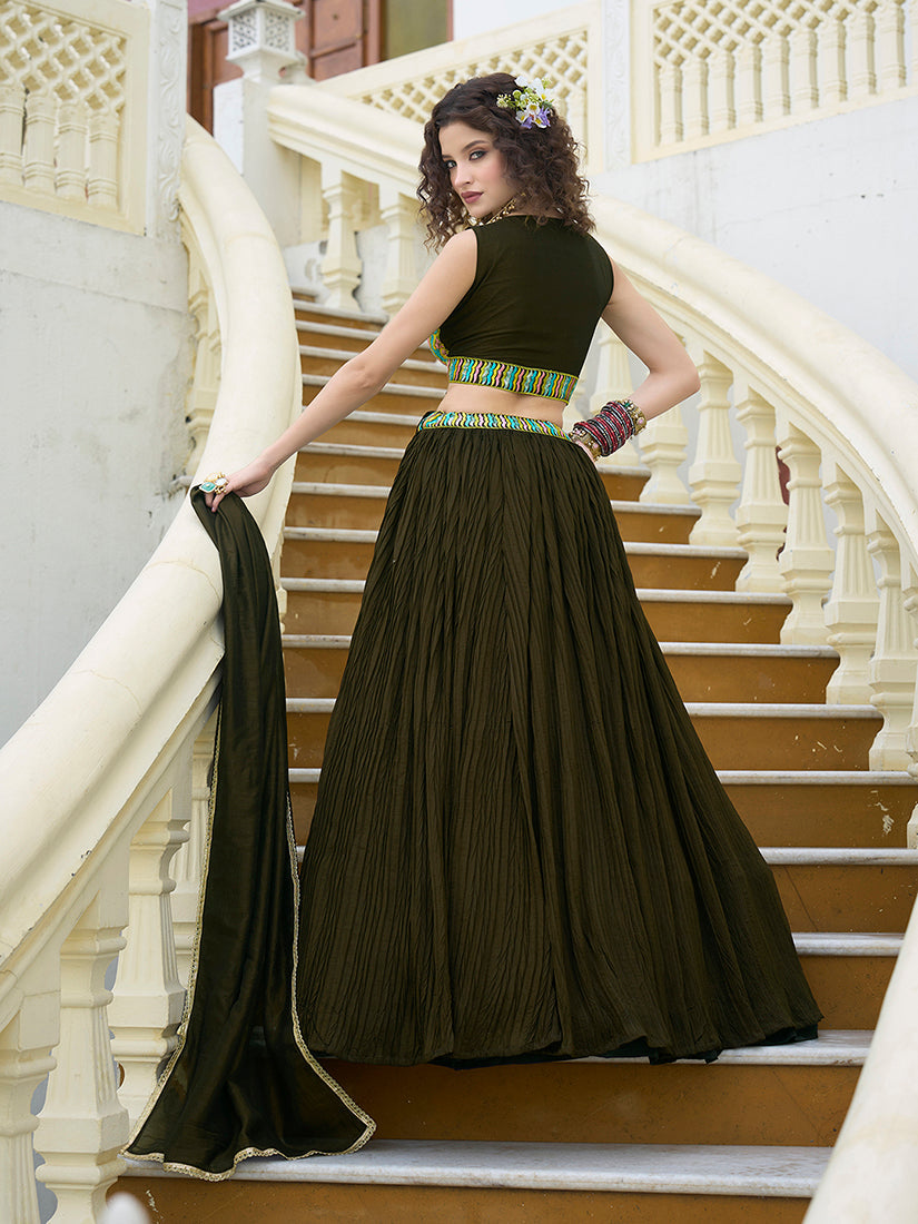 Monjolika Fashion Designer Lehenga Choli Crush Silk In Olive Green | Grocsy