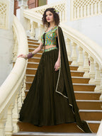 Monjolika Fashion Designer Lehenga Choli Crush Silk In Olive Green | Grocsy