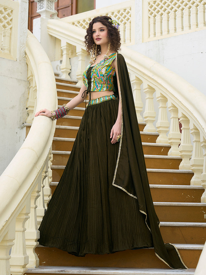 Monjolika Fashion Designer Lehenga Choli Crush Silk In Olive Green | Grocsy