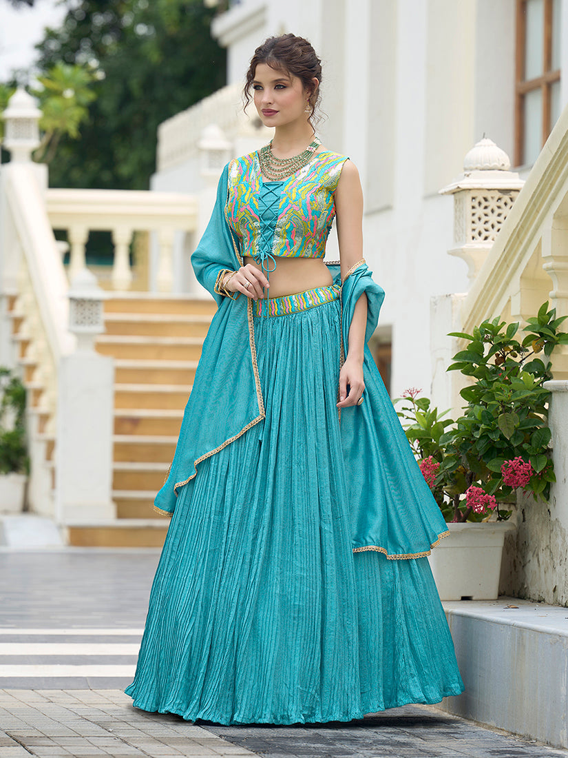 Monjolika Fashion Designer Lehenga Choli Crush Silk In Sky Blue | Grocsy