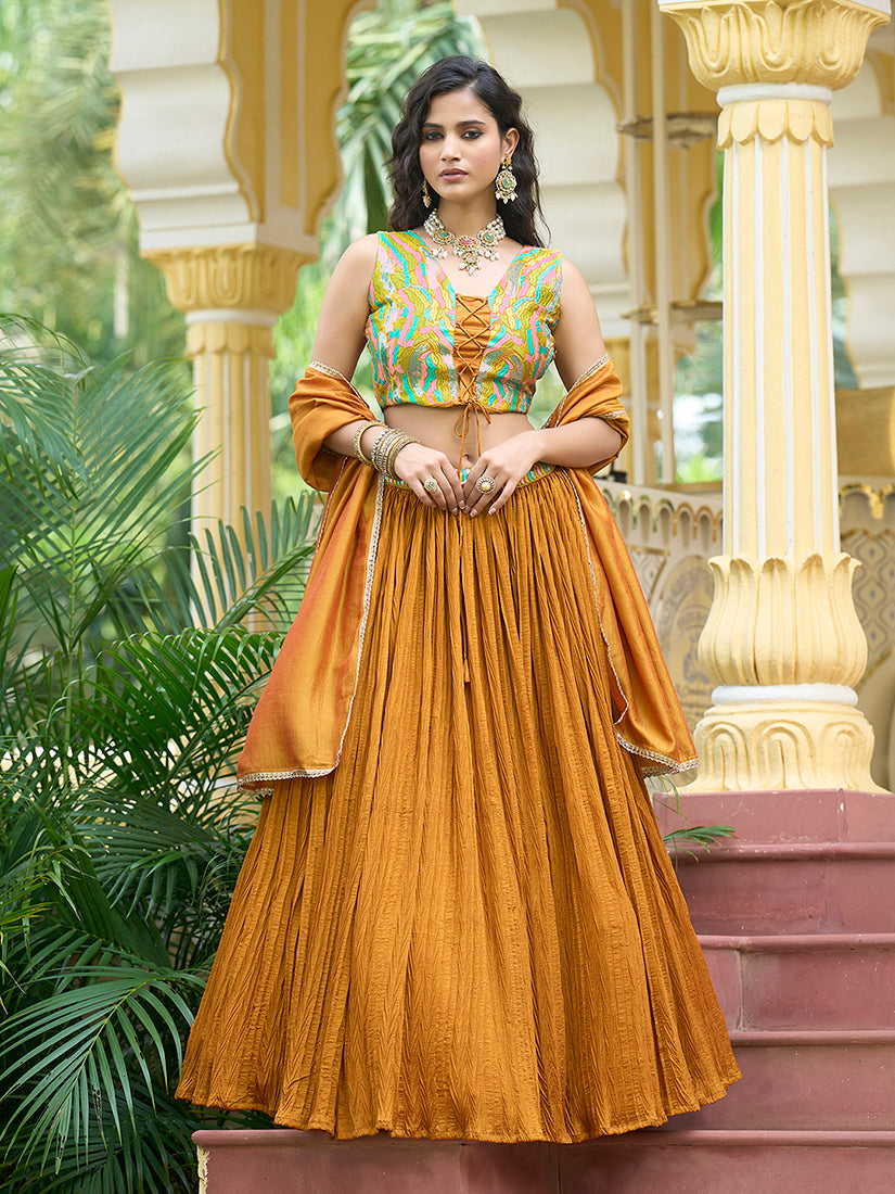 Monjolika Fashion Designer Lehenga Choli Crush Silk In Mustard | Grocsy