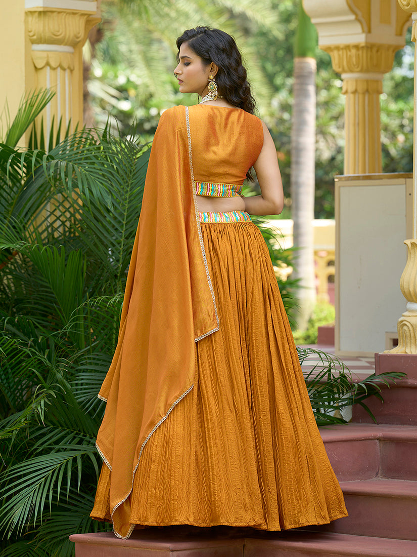Monjolika Fashion Designer Lehenga Choli Crush Silk In Mustard | Grocsy