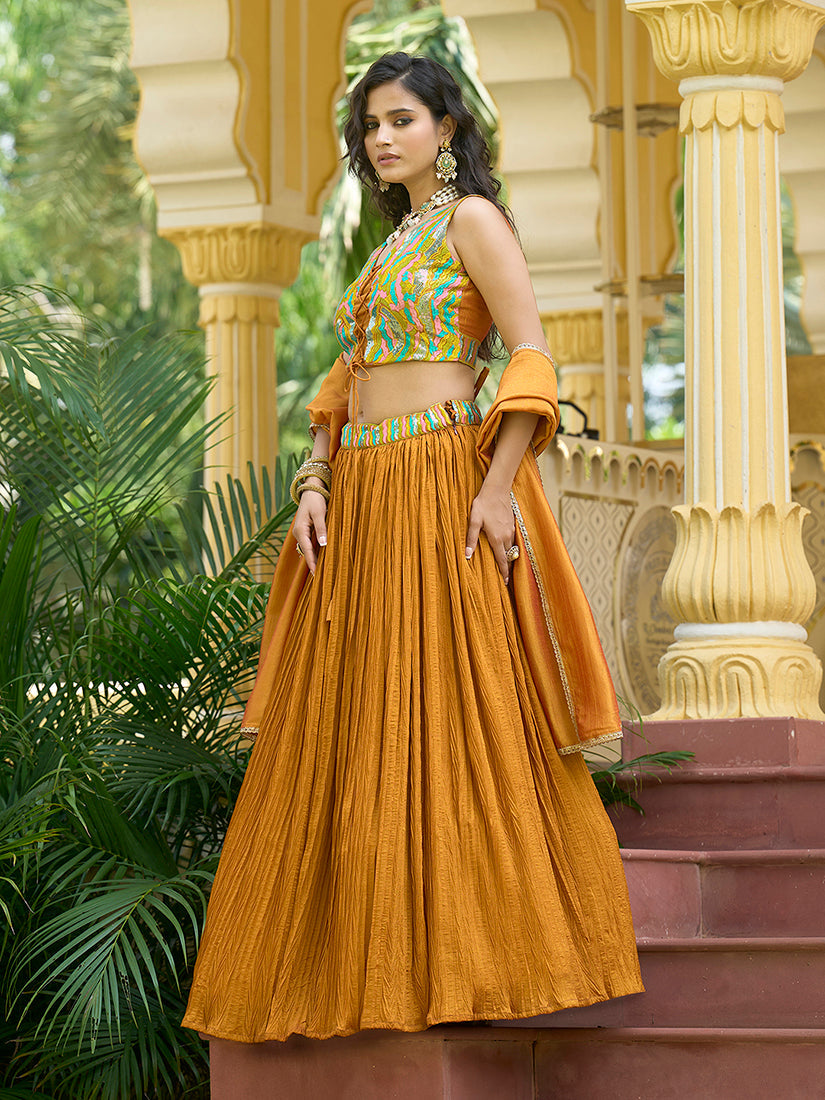 Monjolika Fashion Designer Lehenga Choli Crush Silk In Mustard | Grocsy