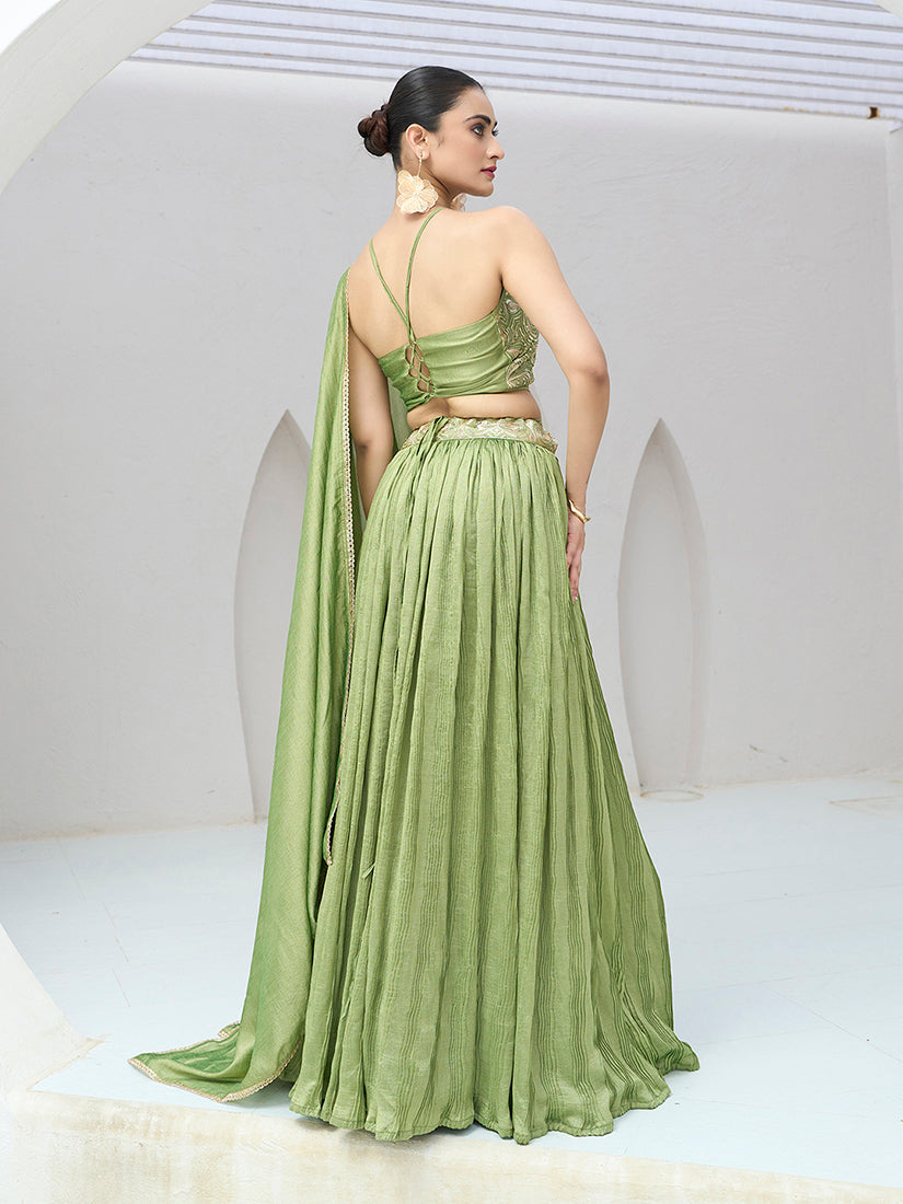 Monjolika Fashion Light Green Festive Look With Silk Crush Lehenga Choli | Grocsy