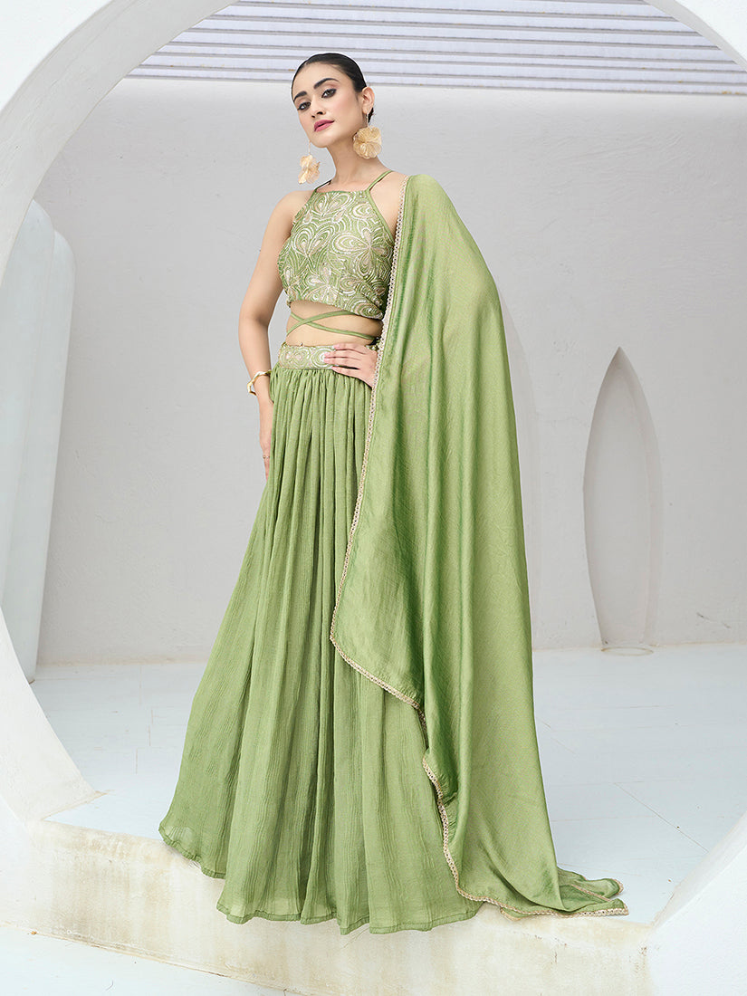 Monjolika Fashion Light Green Festive Look With Silk Crush Lehenga Choli | Grocsy
