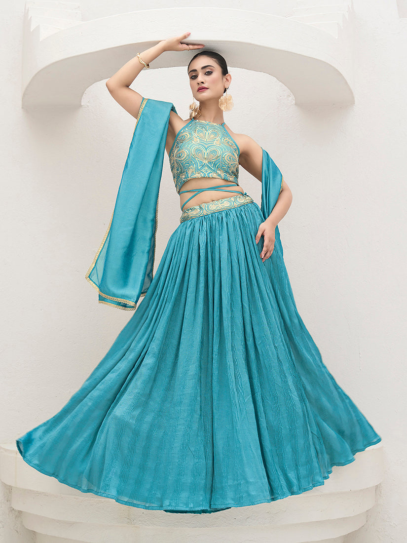 Monjolika Fashion Sky Blue Festive Look With Silk Crush Lehenga Choli | Grocsy