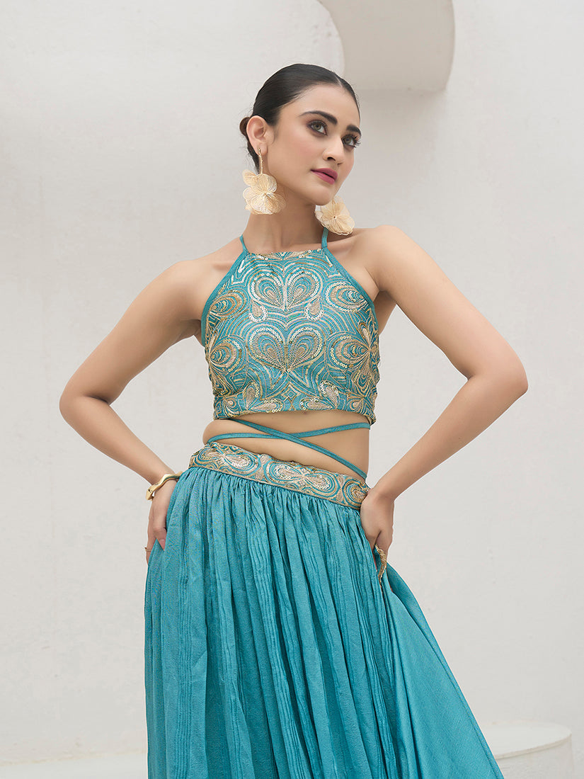Monjolika Fashion Sky Blue Festive Look With Silk Crush Lehenga Choli | Grocsy