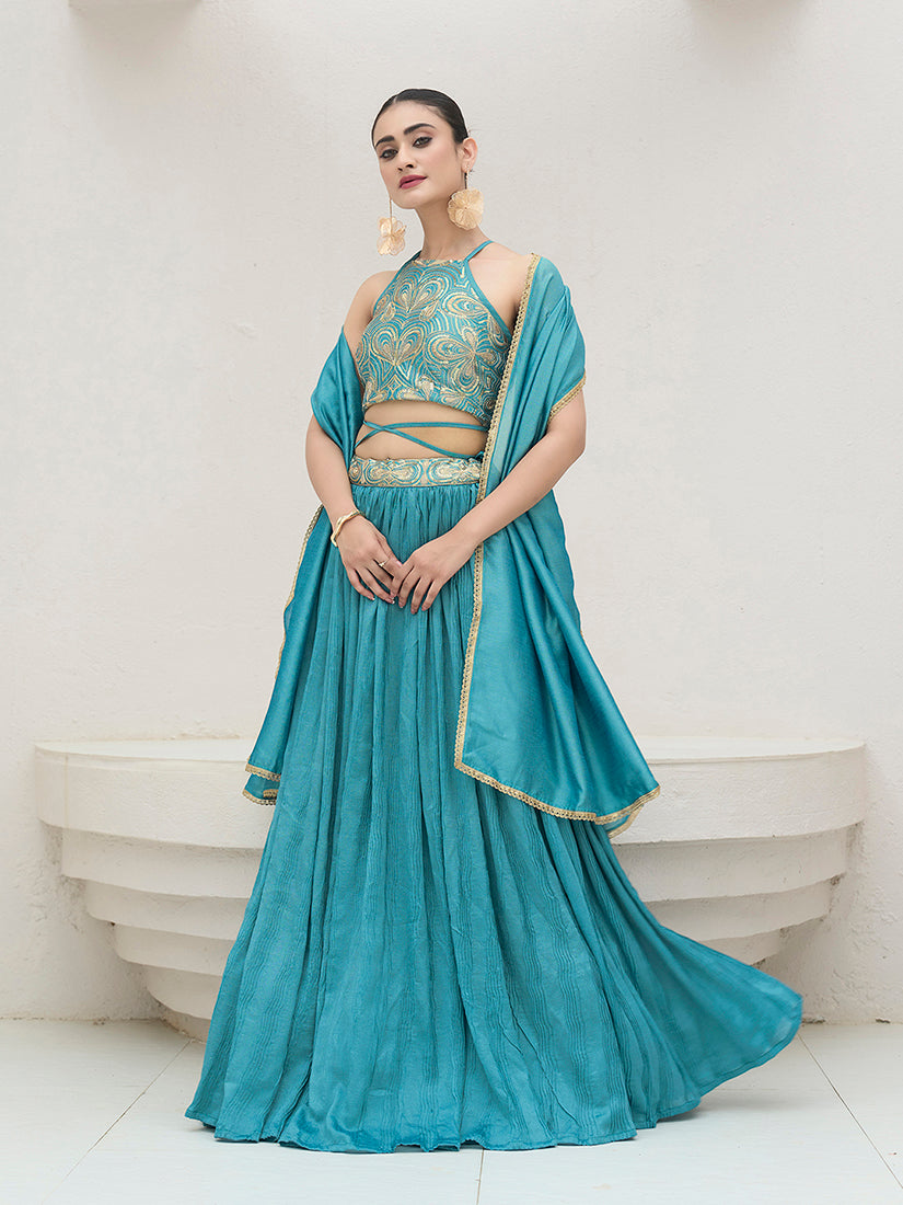 Monjolika Fashion Sky Blue Festive Look With Silk Crush Lehenga Choli | Grocsy