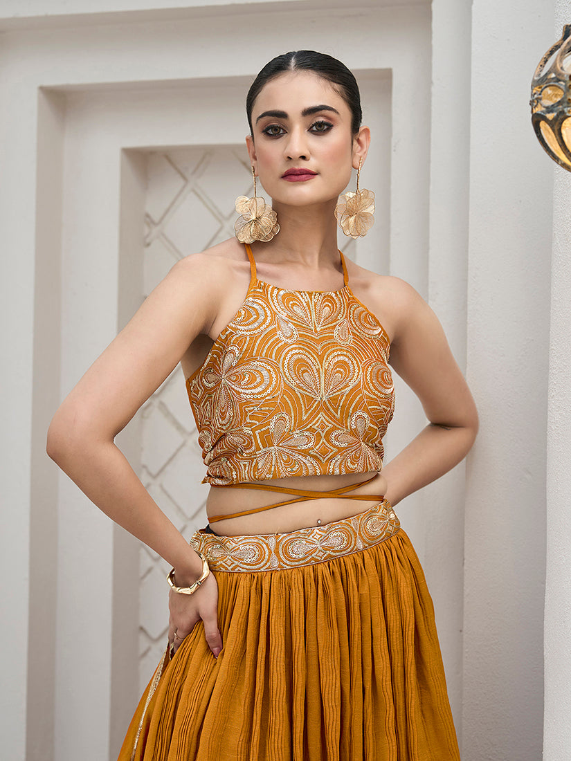 Monjolika Fashion Mustard Festive Look With Silk Crush Lehenga Choli | Grocsy