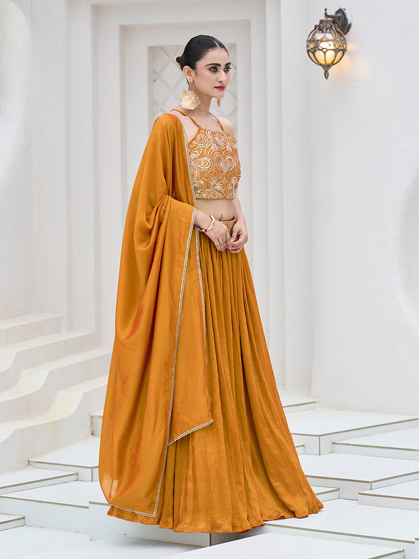 Monjolika Fashion Mustard Festive Look With Silk Crush Lehenga Choli | Grocsy
