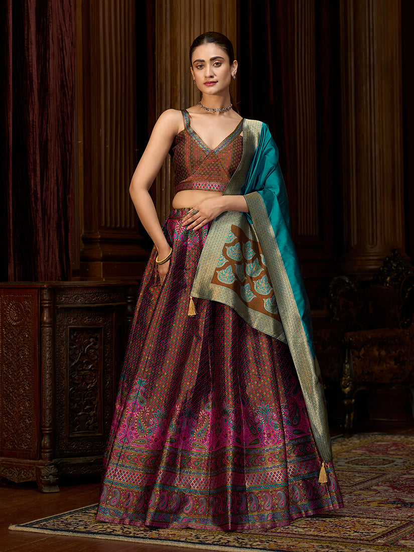 Monjolika Fashion Brown Kanjivaram Silk Jacquard Woven Trendy Lehenga Choli | Grocsy