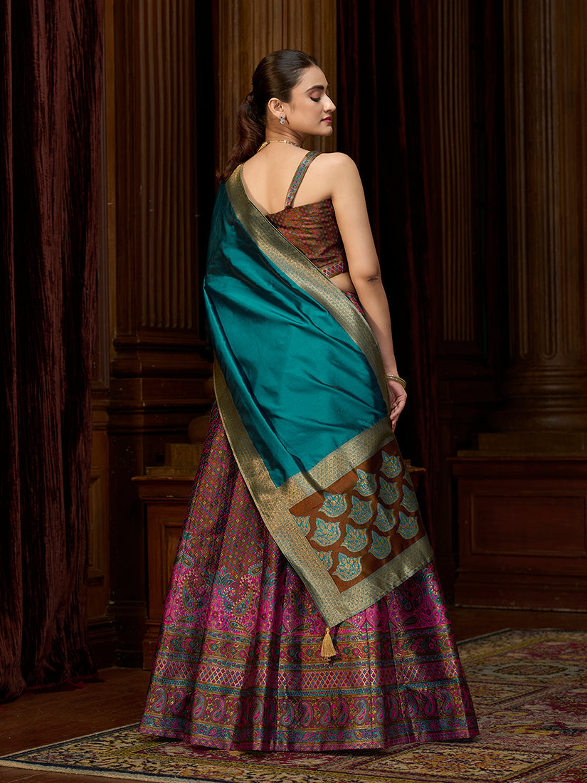Monjolika Fashion Brown Kanjivaram Silk Jacquard Woven Trendy Lehenga Choli | Grocsy
