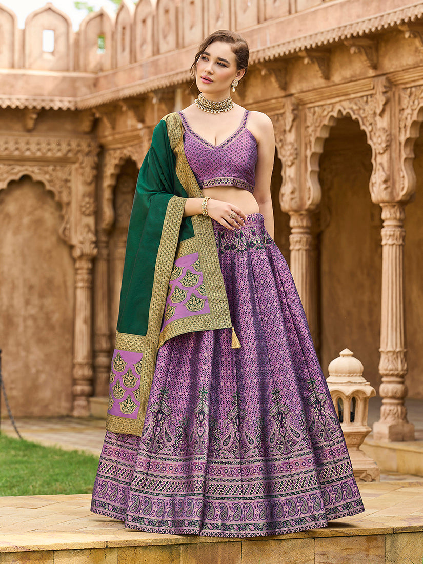 Monjolika Fashion Purple Kanjivaram Silk Jacquard Woven Trendy Lehenga Choli | Grocsy