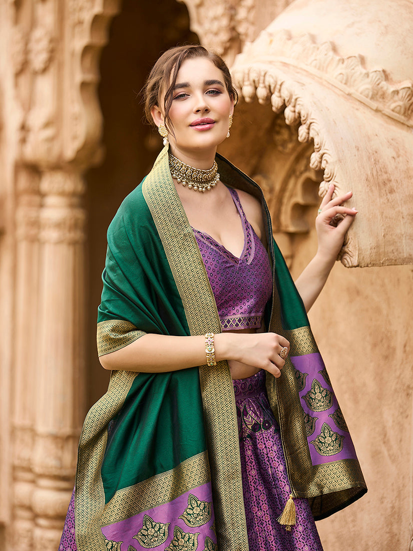 Monjolika Fashion Purple Kanjivaram Silk Jacquard Woven Trendy Lehenga Choli | Grocsy