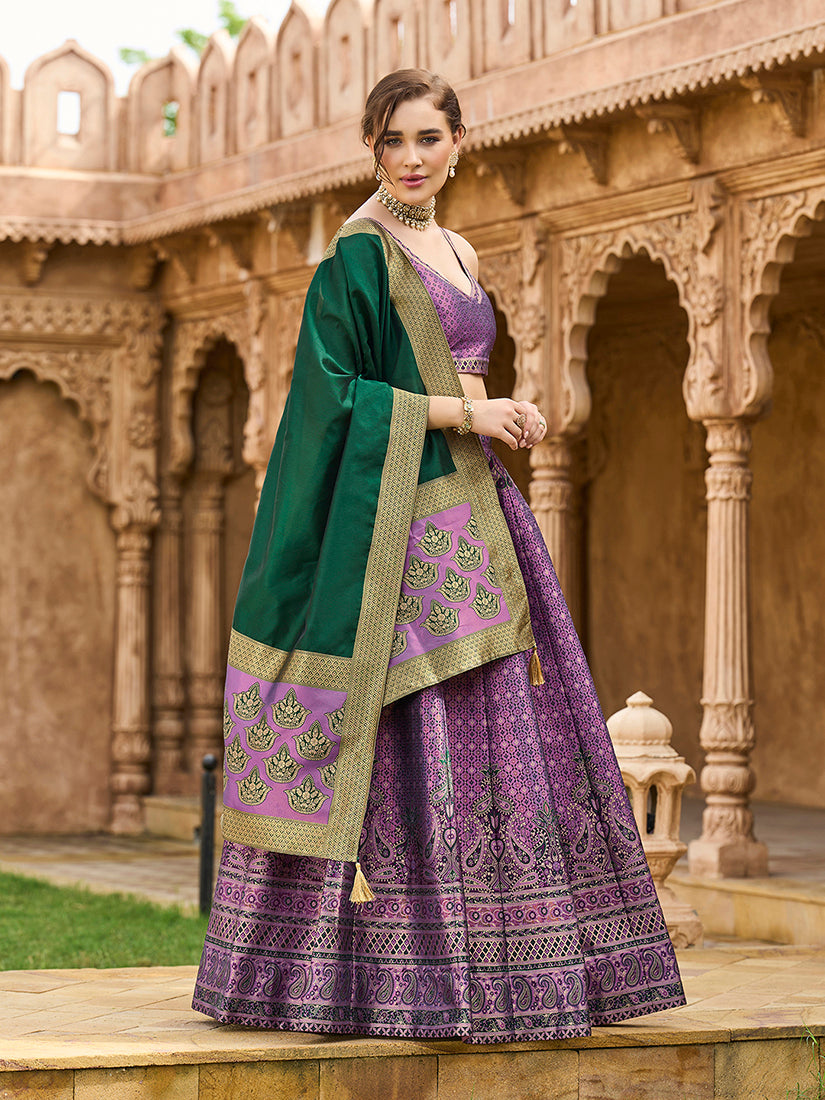 Monjolika Fashion Purple Kanjivaram Silk Jacquard Woven Trendy Lehenga Choli | Grocsy
