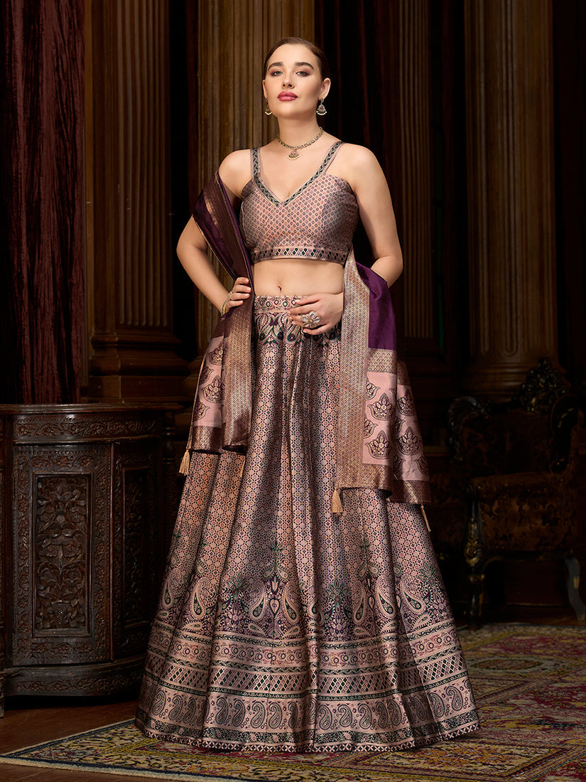 Monjolika Fashion Rose Pink Kanjivaram Silk Jacquard Woven Trendy Lehenga Choli | Grocsy