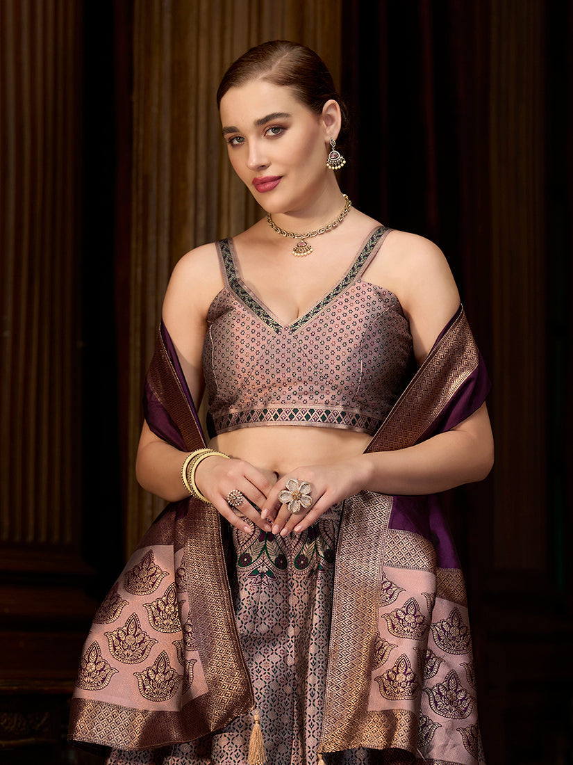 Monjolika Fashion Rose Pink Kanjivaram Silk Jacquard Woven Trendy Lehenga Choli | Grocsy