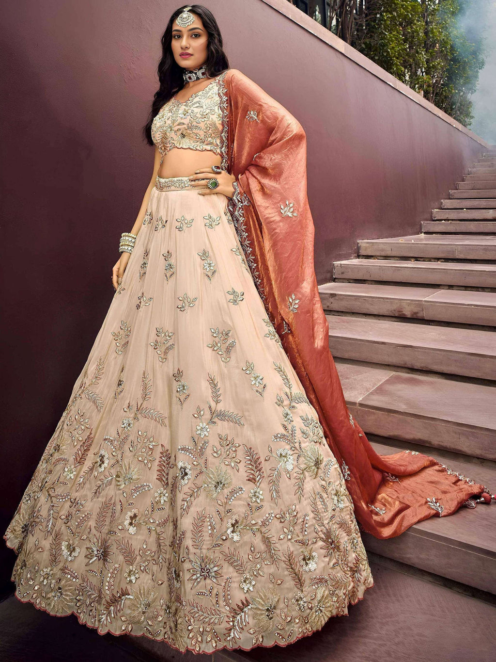 Tulsi Art Outstanding Soft Beige Embroidered Silk Wedding Wear Lehenga Choli | Grocsy