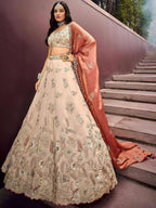 Tulsi Art Outstanding Soft Beige Embroidered Silk Wedding Wear Lehenga Choli | Grocsy