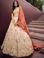 Tulsi Art Outstanding Soft Beige Embroidered Silk Wedding Wear Lehenga Choli | Grocsy