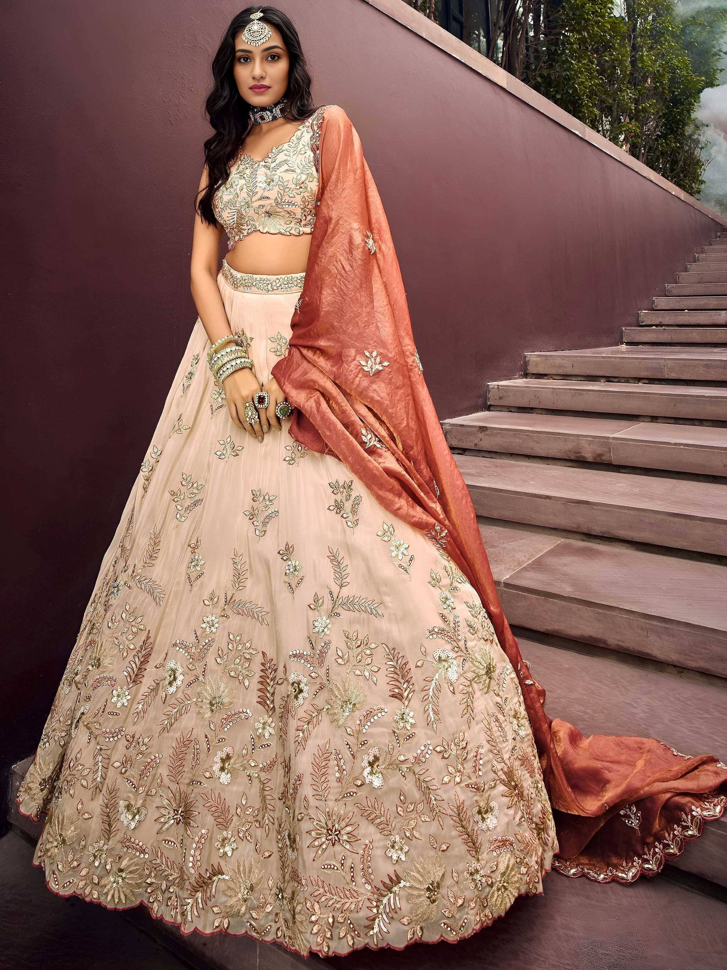Tulsi Art Outstanding Soft Beige Embroidered Silk Wedding Wear Lehenga Choli | Grocsy