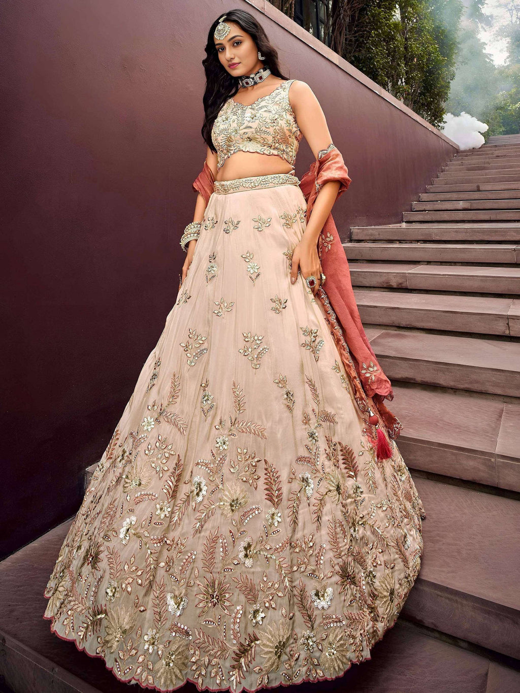 Tulsi Art Outstanding Soft Beige Embroidered Silk Wedding Wear Lehenga Choli | Grocsy
