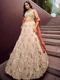 Tulsi Art Outstanding Soft Beige Embroidered Silk Wedding Wear Lehenga Choli | Grocsy