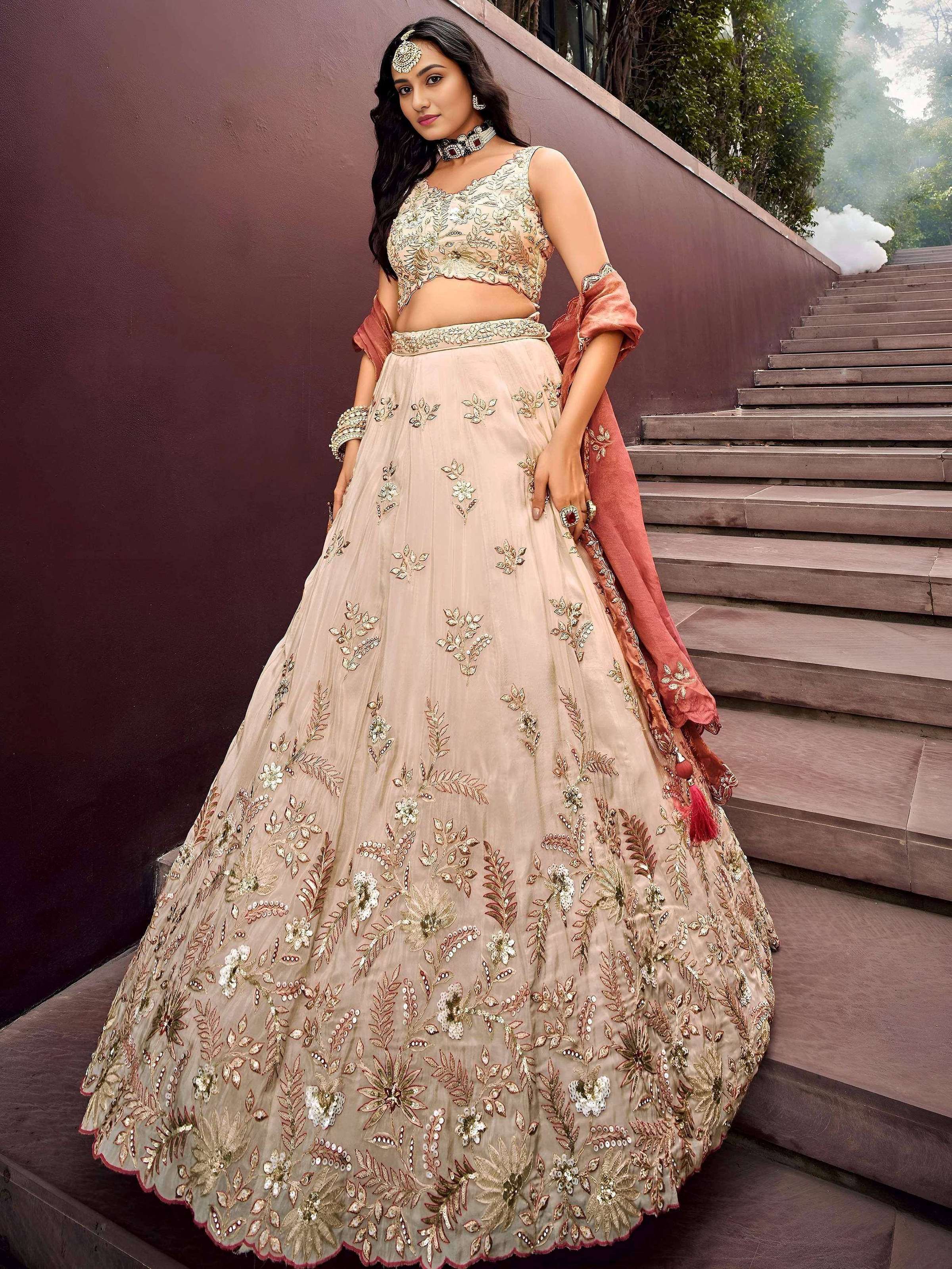 Tulsi Art Outstanding Soft Beige Embroidered Silk Wedding Wear Lehenga Choli | Grocsy