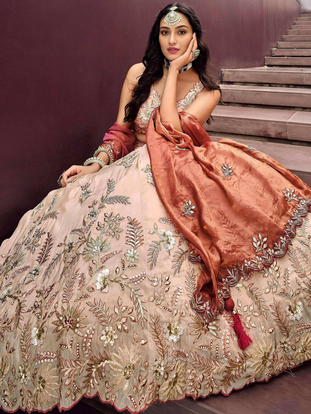 Tulsi Art Outstanding Soft Beige Embroidered Silk Wedding Wear Lehenga Choli | Grocsy