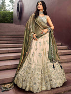 Tulsi Art Precious Soft Beige Embroidered Silk Wedding Wear Lehenga Choli | Grocsy