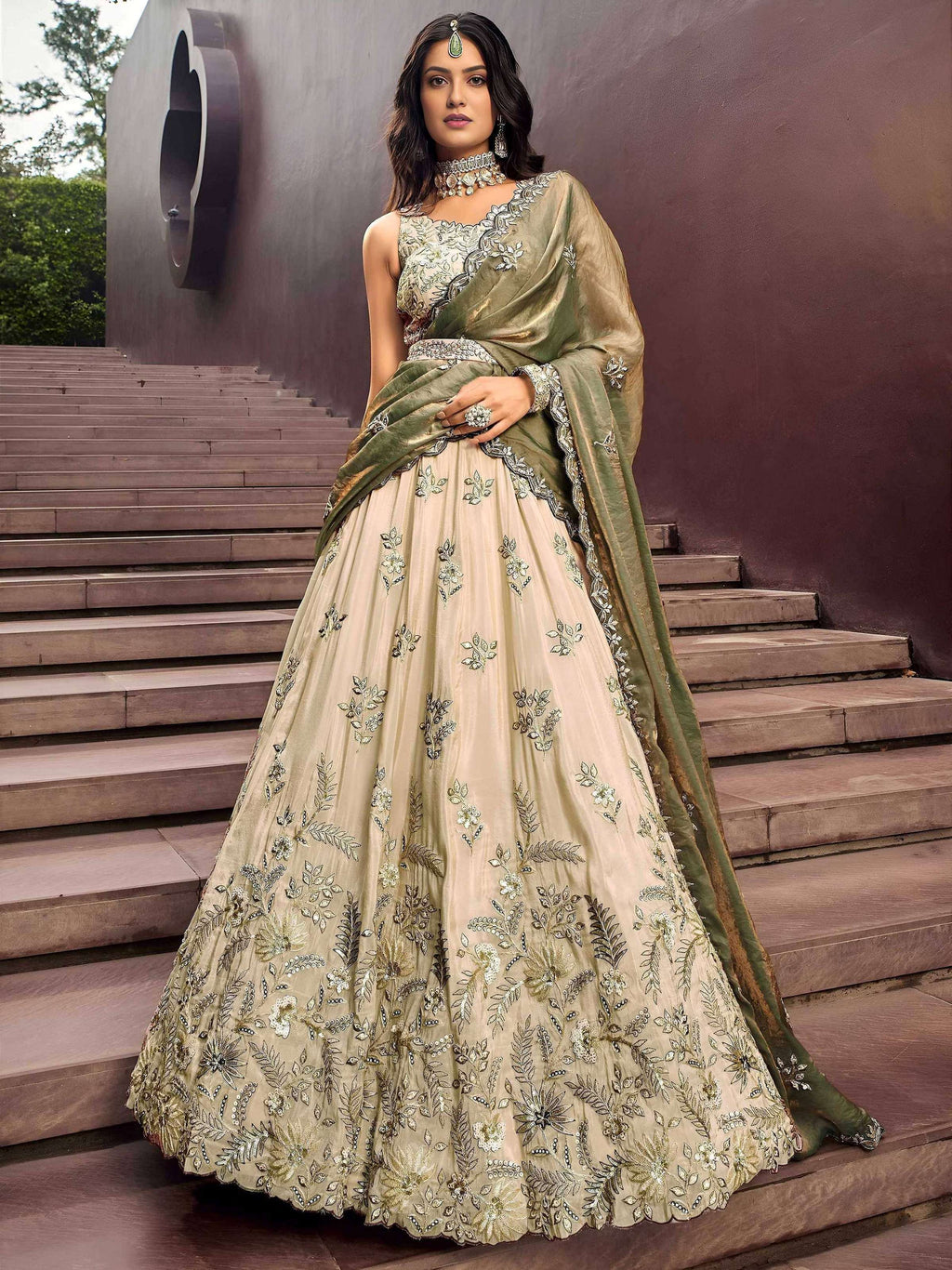 Tulsi Art Precious Soft Beige Embroidered Silk Wedding Wear Lehenga Choli | Grocsy
