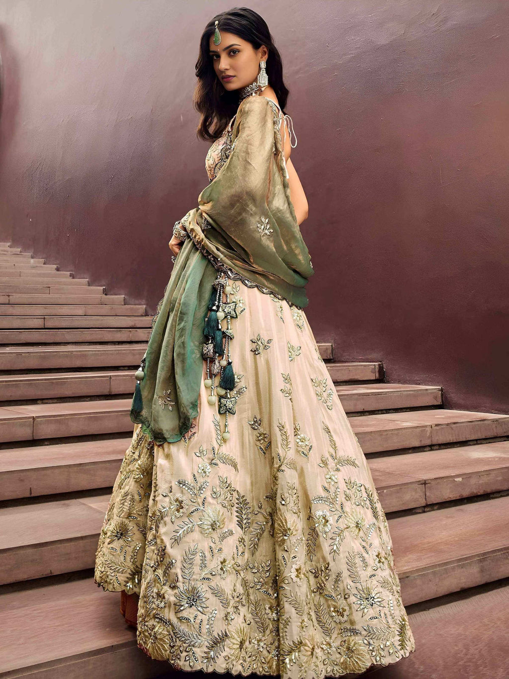 Tulsi Art Precious Soft Beige Embroidered Silk Wedding Wear Lehenga Choli | Grocsy