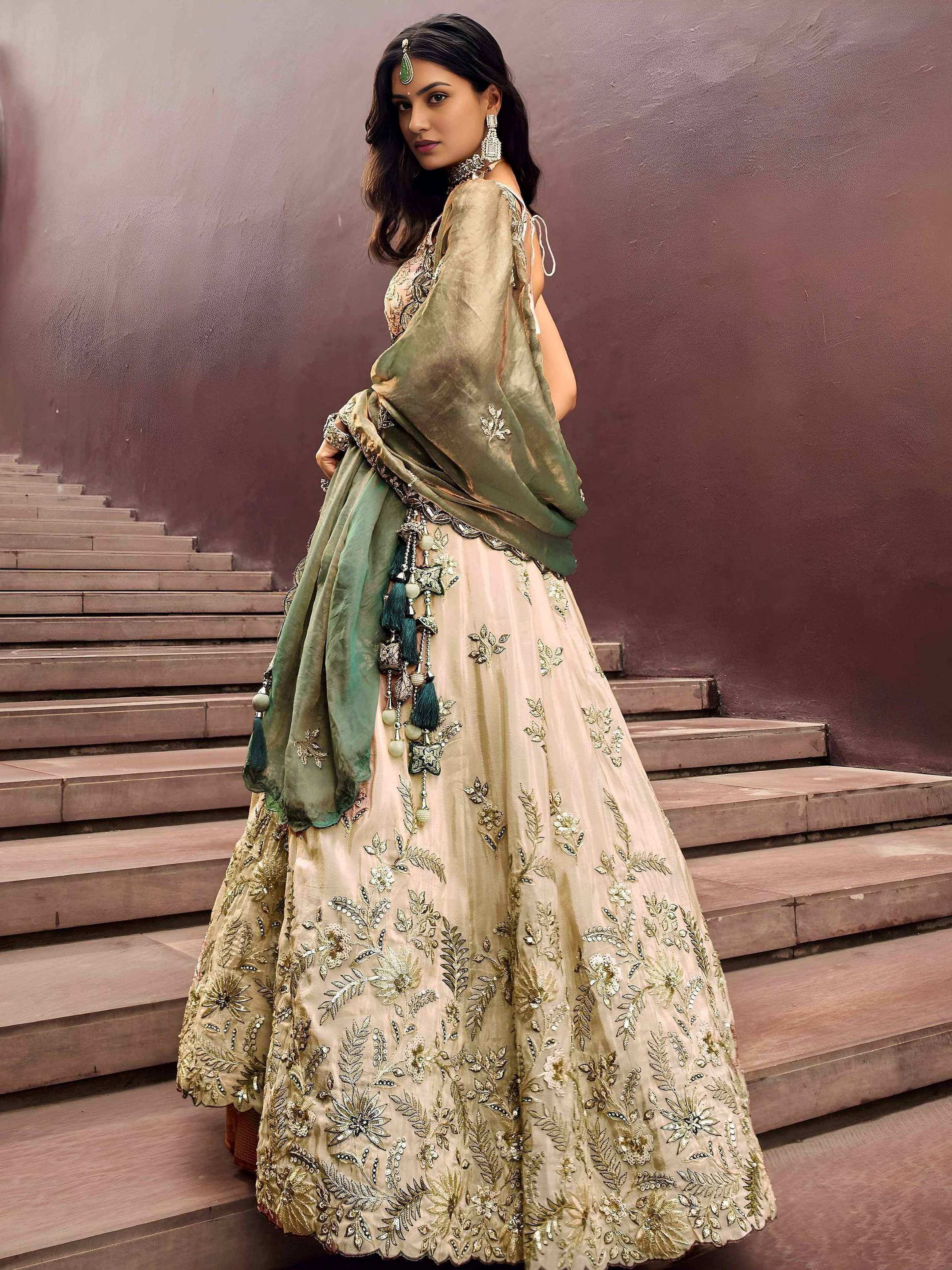 Tulsi Art Precious Soft Beige Embroidered Silk Wedding Wear Lehenga Choli | Grocsy