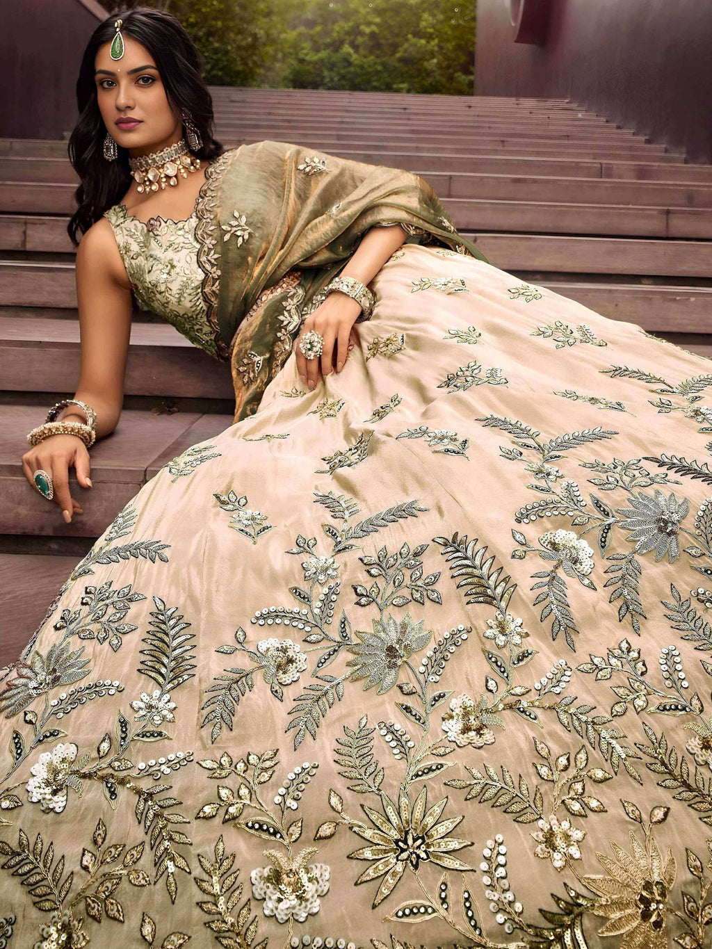 Tulsi Art Precious Soft Beige Embroidered Silk Wedding Wear Lehenga Choli | Grocsy