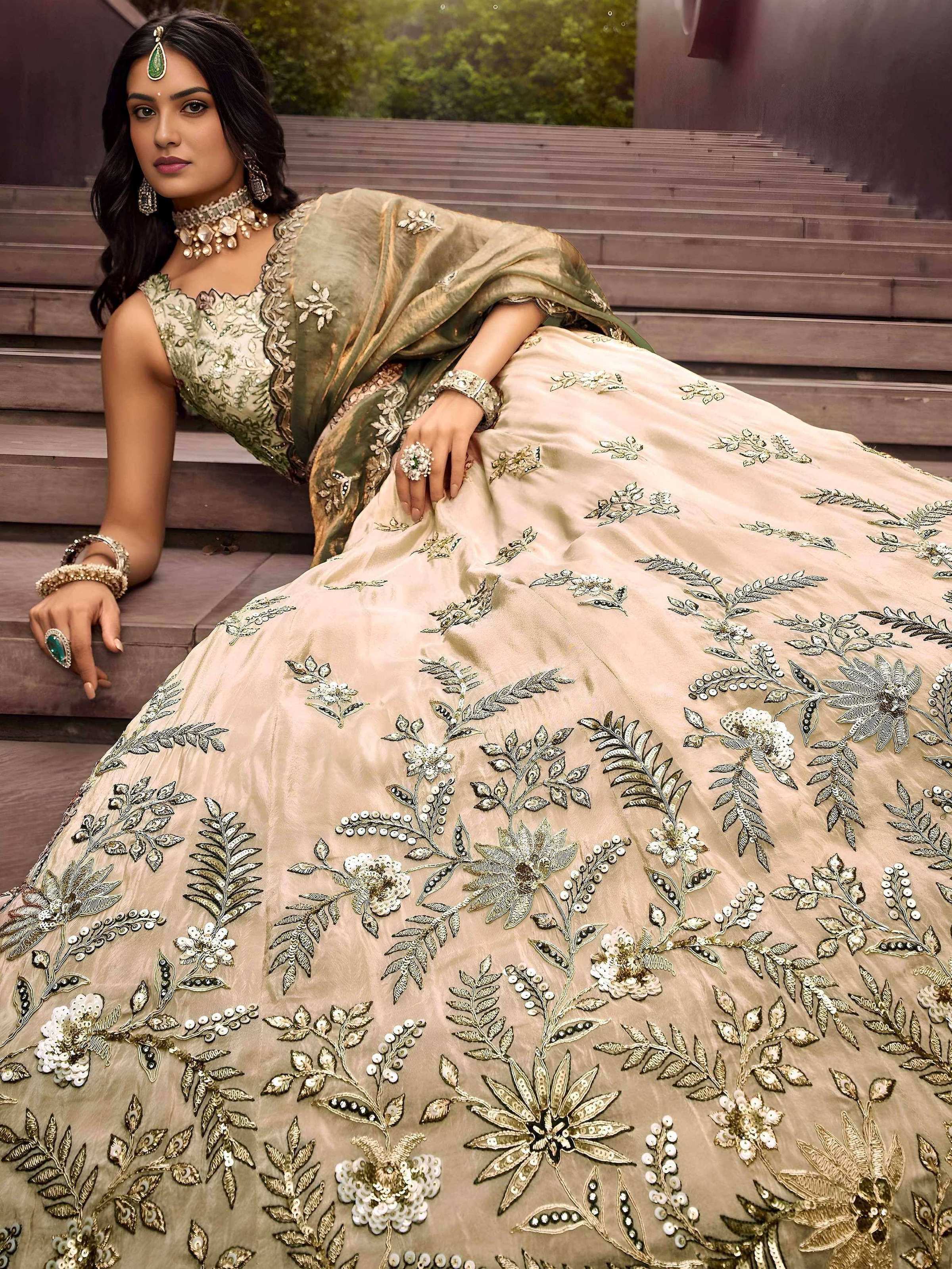Tulsi Art Precious Soft Beige Embroidered Silk Wedding Wear Lehenga Choli | Grocsy