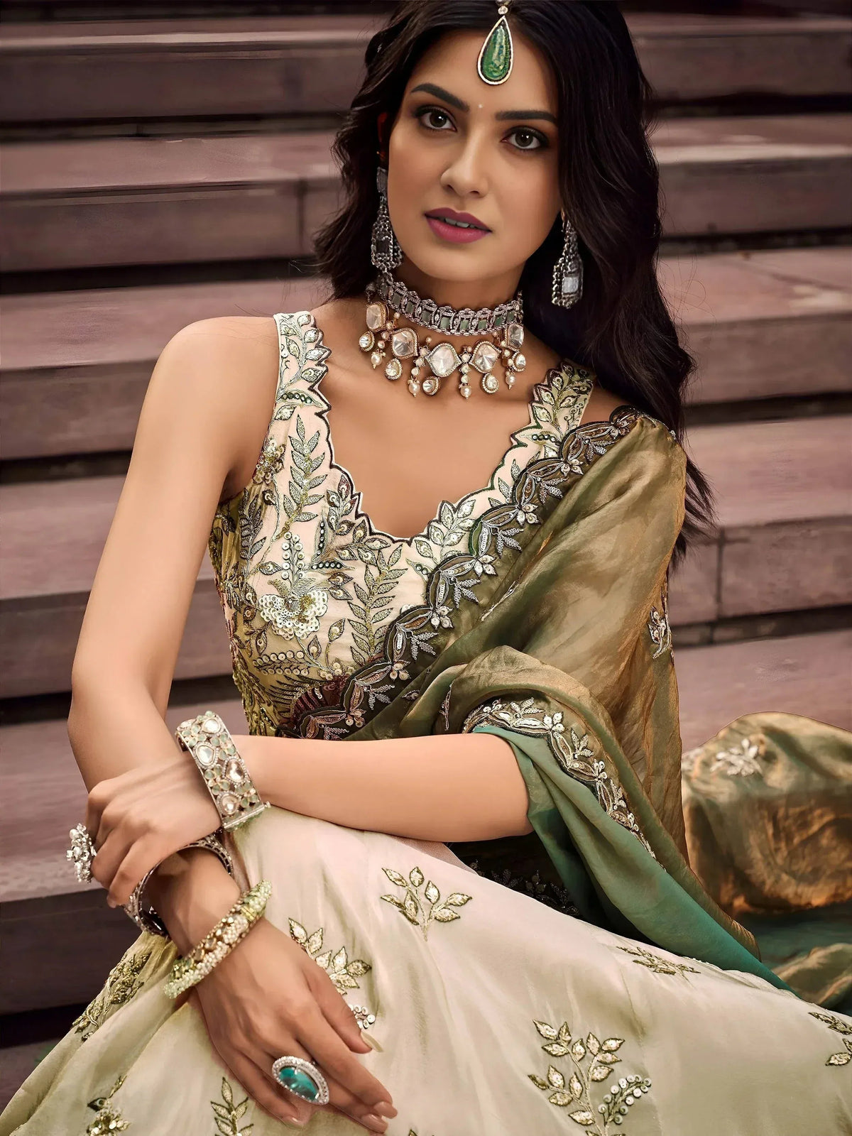 Tulsi Art Precious Soft Beige Embroidered Silk Wedding Wear Lehenga Choli | Grocsy
